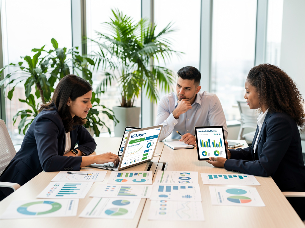 Zespół biznesowy analizujący raporty ESG i dane o zrównoważalności na laptopie i tabletach w nowoczesnym biurze