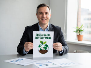Mężczyzna w garniturze trzyma kartkę z napisem 'Sustainable Development' i ikoną ziemi z kiełkującą rośliną, symbolizującą zrównoważony rozwój w kontekście raportu FOB.