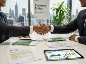 Dwóch biznesmenów ściska się dłonie przy stole z dokumentami o łańcuchu dostaw i etyce biznesowej, symbolizując korzyści z polityki antykorupcyjnej dla firm.