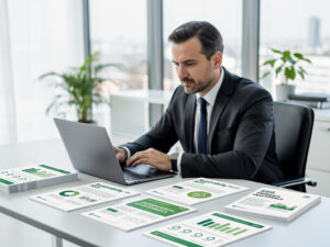 Biznesmen w garniturze pracujący przy laptopie z raportami ESG i zrównoważonego rozwoju na biurku.