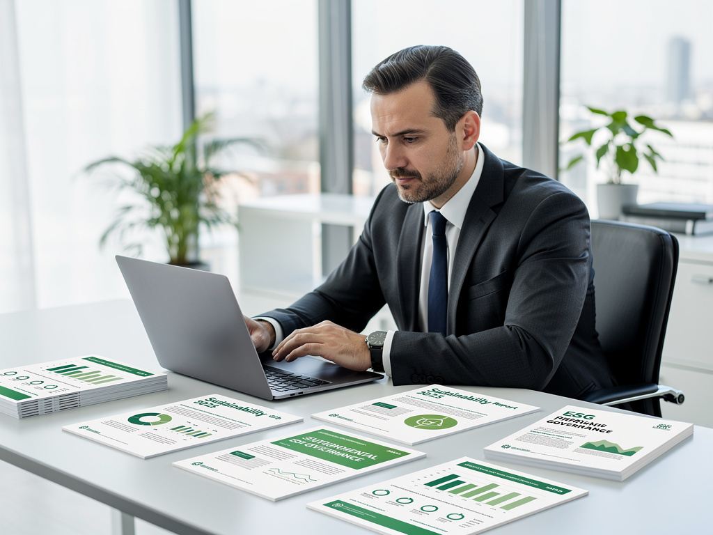 Biznesmen w garniturze pracujący przy laptopie z raportami ESG i zrównoważonego rozwoju na biurku.