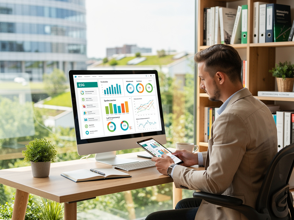 Biznesmen analizujący dane ESG na komputerze, monitor wyświetla wykresy i raporty z platformy Green Impact ESG