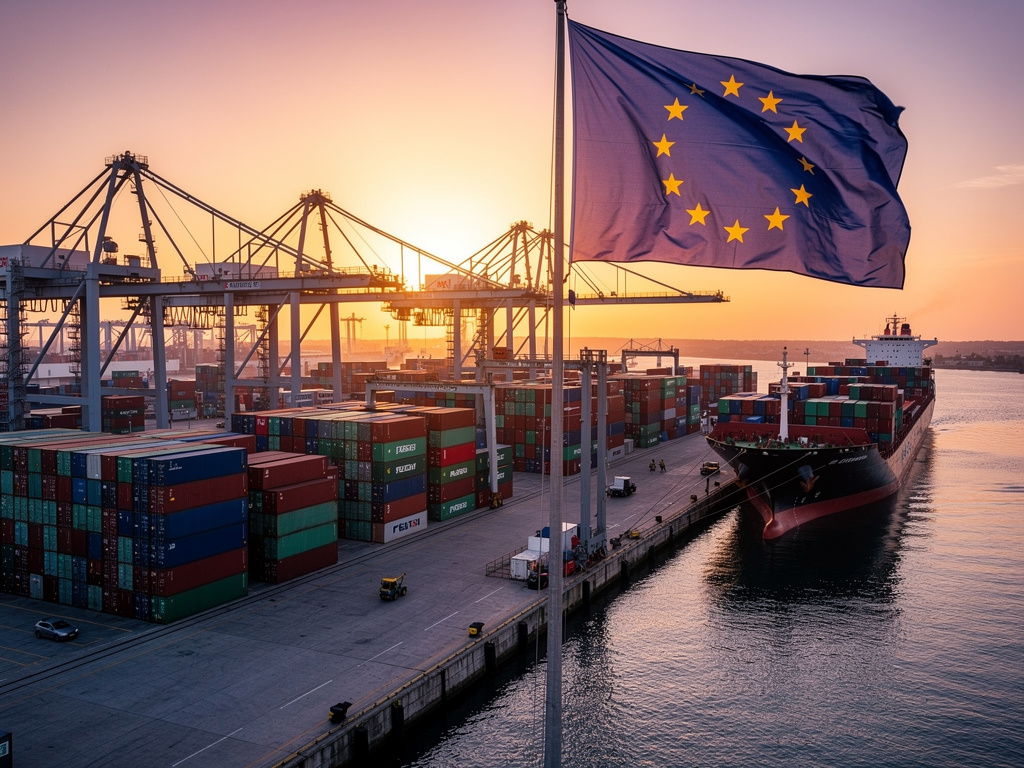 Port kontenerowy z flagą Unii Europejskiej na tle zachodzącego słońca, symbolizujący regulacje CBAM dla firm eksportujących do UE.