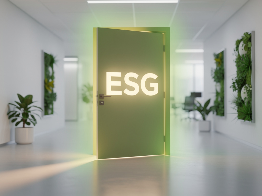 Otwierająca się zielona drzwi z napisem ESG, symbolizująca wejście do zrównoważonego biznesu dla MŚP.