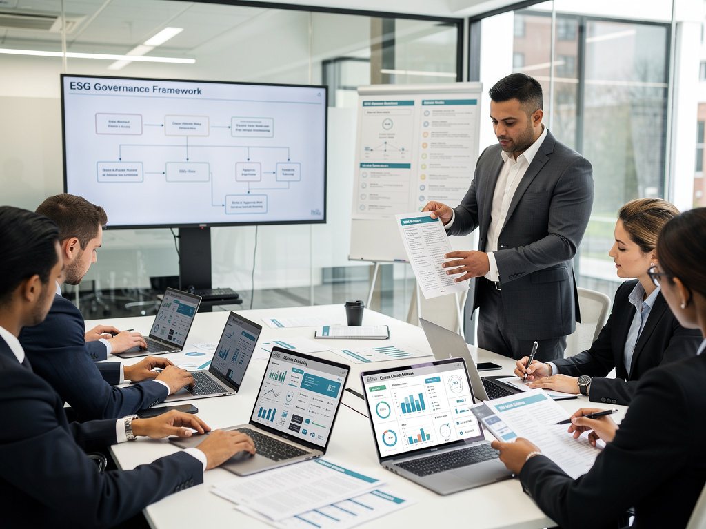 Prezentacja ESG Governance Framework w nowoczesnej sali konferencyjnej. Mężczyzna w garniturze wyjaśnia proces audytowy zespołowi siedzącemu przy stole z laptopami. Na ekranie widoczny jest schemat zarządzania ESG, a na laptopach dane analityczne. Zdjęcie ilustruje artykuł o raportowaniu ESG i atestacji.