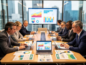 Zespół zarządu podczas spotkania strategicznego, analizujący dane ESG na ekranie i dokumentach. Temat: Odpowiedzialność zarządu za ESG i zmiany CSRD w 2026.