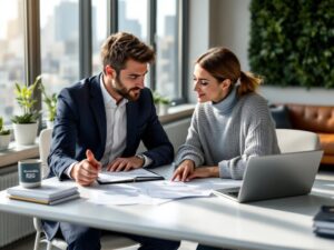 Mężczyzna i kobieta w nowoczesnym biurze, omawiający dokumenty ESG przy laptopie. Kawa z logo 'ESG' na stole. Konsultacja doradcza dla MŚP.