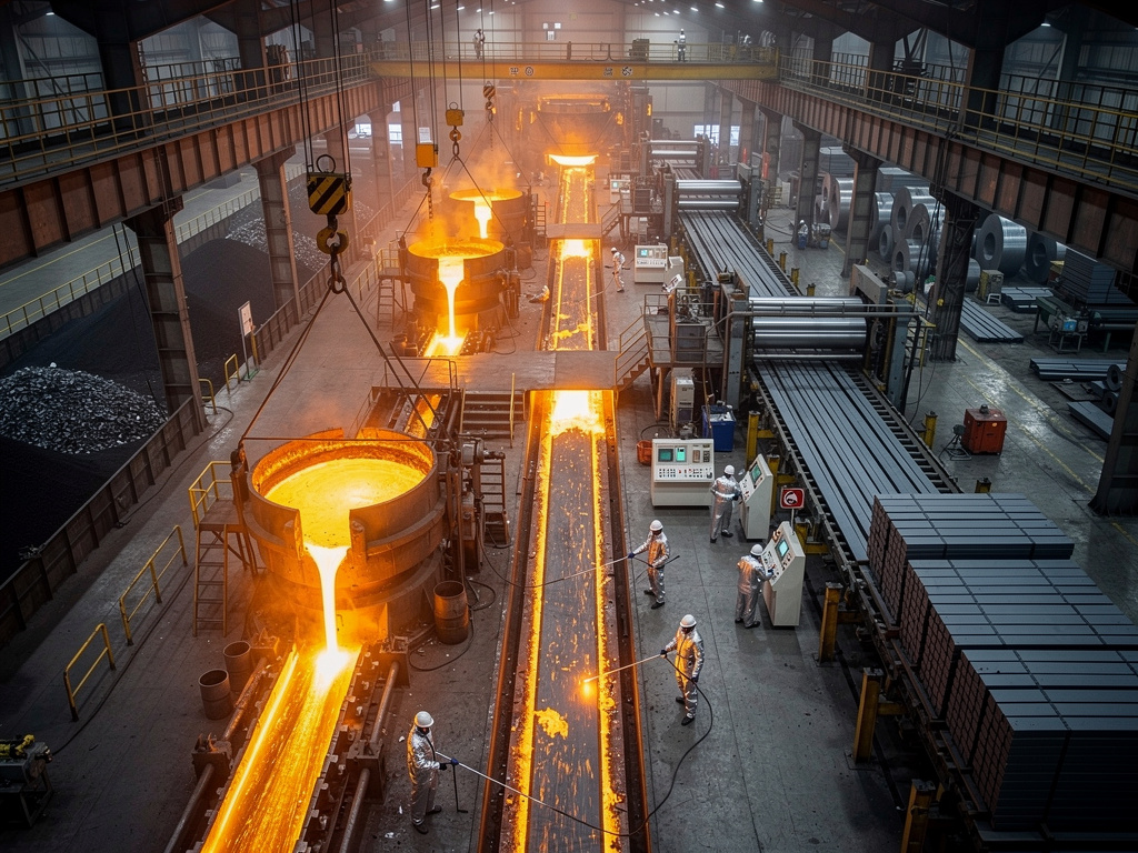 Fabryka stali z rozlaną ciekłą stalią, proces produkcji metali, certyfikaty CBAM 2026, import stali i aluminium, Green Impact ESG