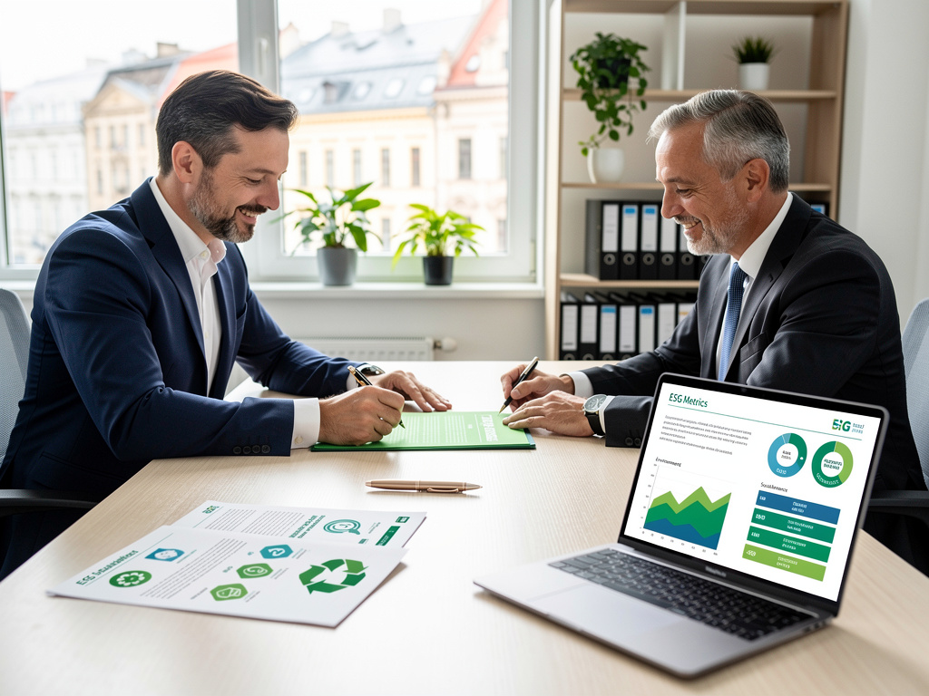 Dwóch mężczyzn w garniturach podpisuje dokumenty na stole w biurze. Na laptopie widoczne są wykresy ESG Metrics, a na stole leżą materiały o zielonych kredytach i recyklingu. Scena ilustruje współpracę przy finansowaniu zrównoważonym dla MŚP.