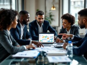 Diverse business team analyzing green marketing data on a laptop in a modern office setting, illustrating Green Impact ESG services.