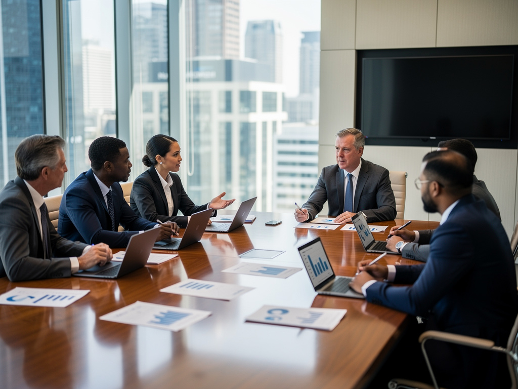 Grupa profesjonalistów w nowoczesnej sali konferencyjnej podczas spotkania biznesowego, ilustrująca szkolenia ESG i przygotowanie firm do 2026 roku.