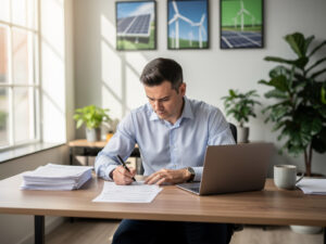 Biznesmen podpisujący dokumenty przy biurku w nowoczesnym biurze z obrazami odnawialnych źródeł energii na ścianie, symbolizujący proces oceny ESG i taksonomii UE.