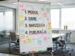 Tablica z 4 krokami przygotowania raportu VSME: Moduł, Dane, Narzędzia, Publikacja