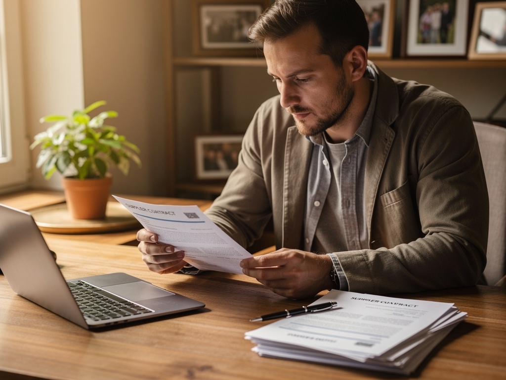 Biznesmen w biurze czytający dokumenty, ilustracja zrównoważonych zakupów w MŚP i Green Impact ESG