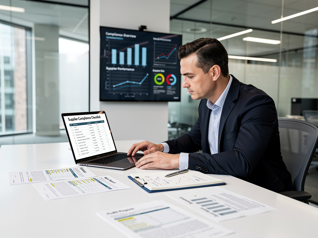 Biznesmen w garniturze pracujący przy laptopie z formularzem 'Supplier Compliance Checklist' w nowoczesnej biurowej, w tle monitor z wykresami ESG.