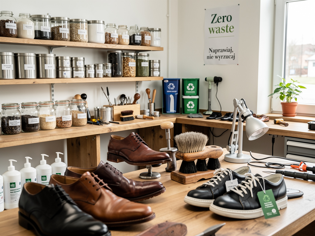 Warsztat naprawczy butów z napisem 'Zero waste' i 'Naprawiaj, nie wyrzucaj', ilustrujący zasady cyrkularności i zero waste w polskim MŚP.