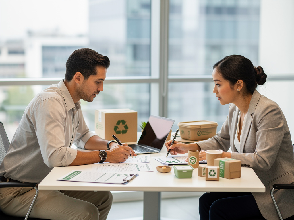 Dwóch biznesmenów podpisuje umowę przy biurku z opakowaniami ekologicznymi, ilustracja szkoleń ESG dla MŚP.