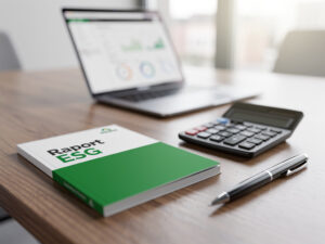 Raport ESG na biurku obok kalkulatora i laptopa z wykresami, symbolizujący analizę kosztów raportowania ESG w 2026 roku