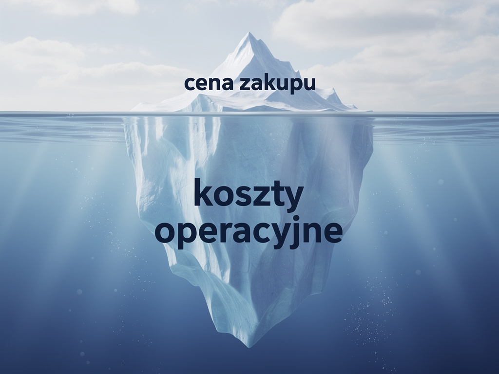 Ilustracja przedstawiająca górujący nad wodą fragment lodowca oznaczony jako 'cena zakupu' oraz znacznie większą, zanurzoną pod powierzchnią część oznaczoną jako 'koszty operacyjne', symbolizującą całkowity koszt posiadania (TCO) w procesie zakupów.