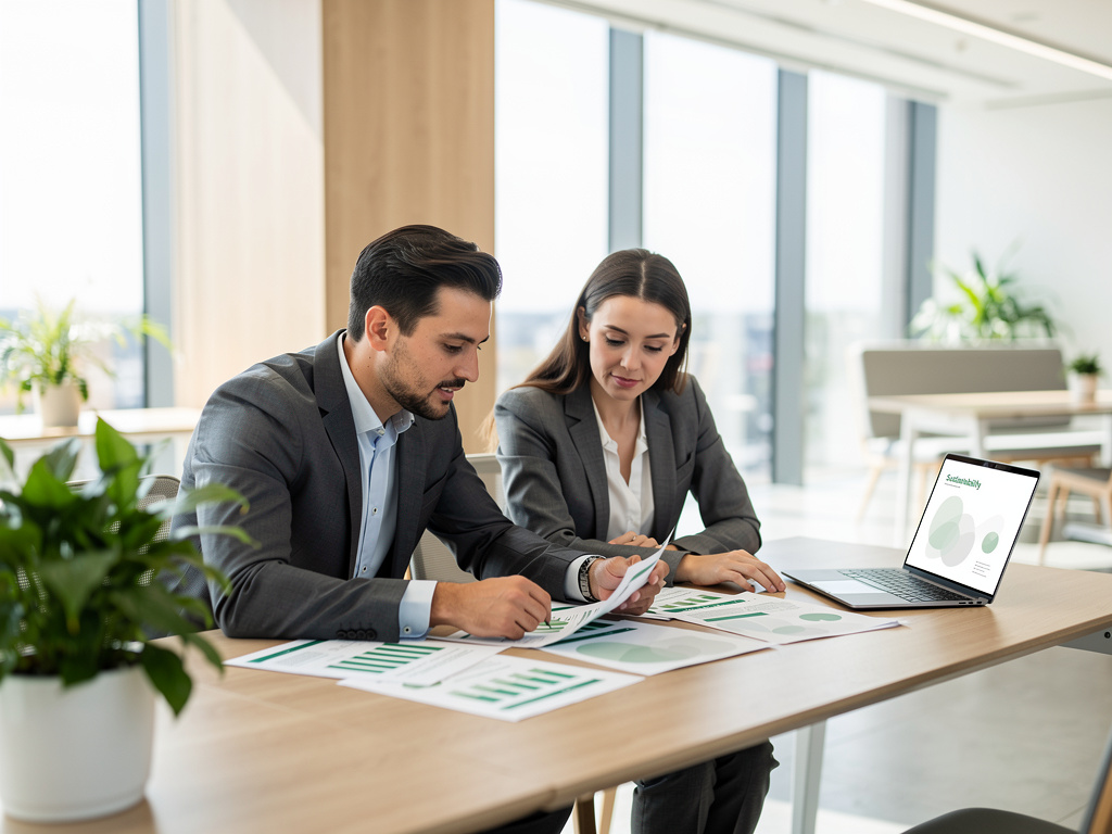 Biznesmeni analizujący raporty ESG i CSR w nowoczesnym biurze, laptop z widocznym słowem Sustainability