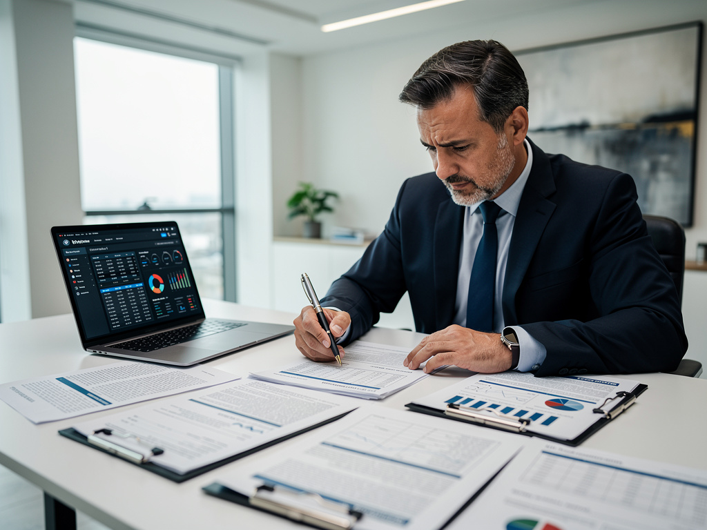 Biznesmen analizujący dane ESG i obliczający emisje Zakresu 3 przy użyciu dokumentów i laptopa z wykresami.