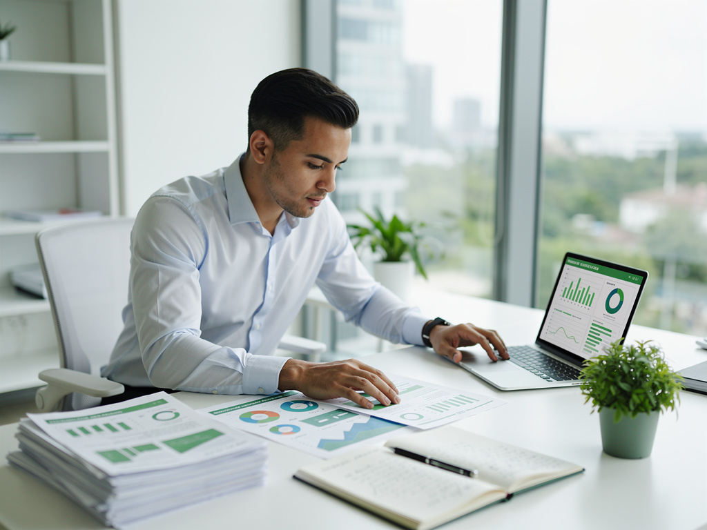 Biznesmen analizujący raporty ESG na laptopie w nowoczesnym biurze, symbolizujący strategię zrównoważonego rozwoju dla MŚP.