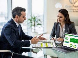 Biznesmen i bizneswoman omawiają umowę o zielone finansowanie przy laptopie z wykresami ESG.