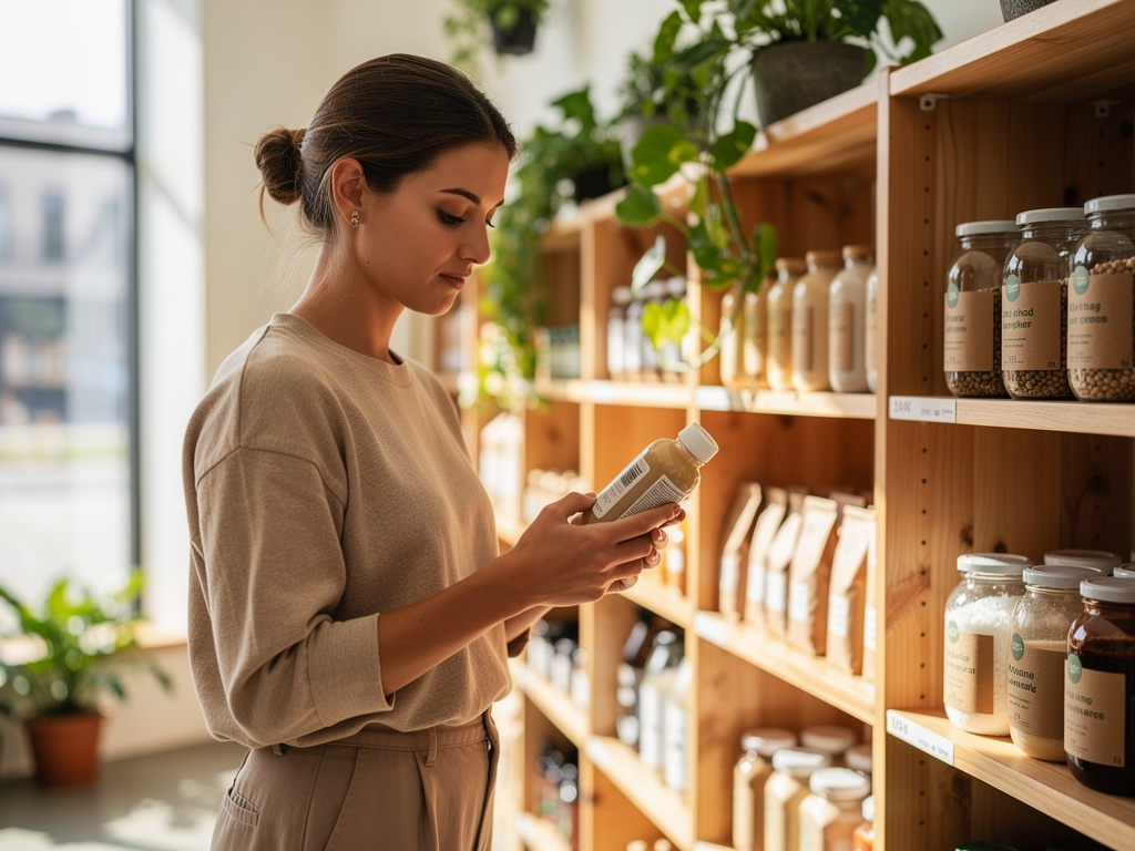 Kobieta w sklepie z ekologicznymi produktami, czytająca etykietę na butelce, ilustracja artykułu o sprzedaży dla Pokolenia Z.