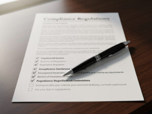 Dokument z tytułem Compliance Regulations i długopis na drewnianym stole, symbolizujący regulacje e-commerce i kary za naruszenie Dyrektywy Omnibus.