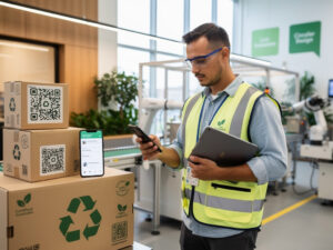 Pracownik w zakładzie kontroluje opakowania z kodami QR, ilustrując obowiązkowe raportowanie producentów w ramach ESPR 2025–2030.