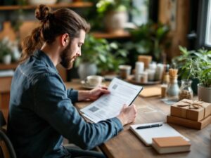 Mężczyzna w biurze z roślinami w tle, czytający dokument z kodem QR, symbolizujący komunikację ekologiczną MŚP.