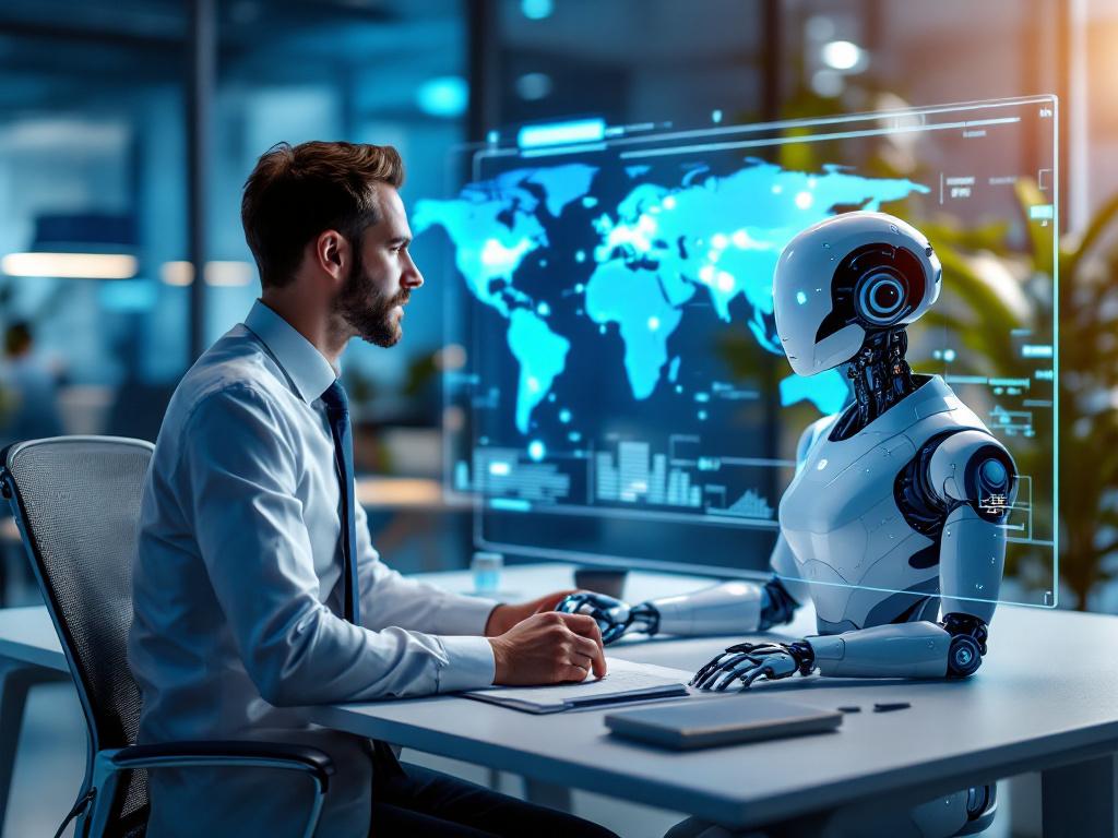 Biznesmen rozmawia z robotem AI przy biurku, na tle holograficzna mapa świata i dane, symbolizujący Agentic AI w łańcuchu dostaw B2B.