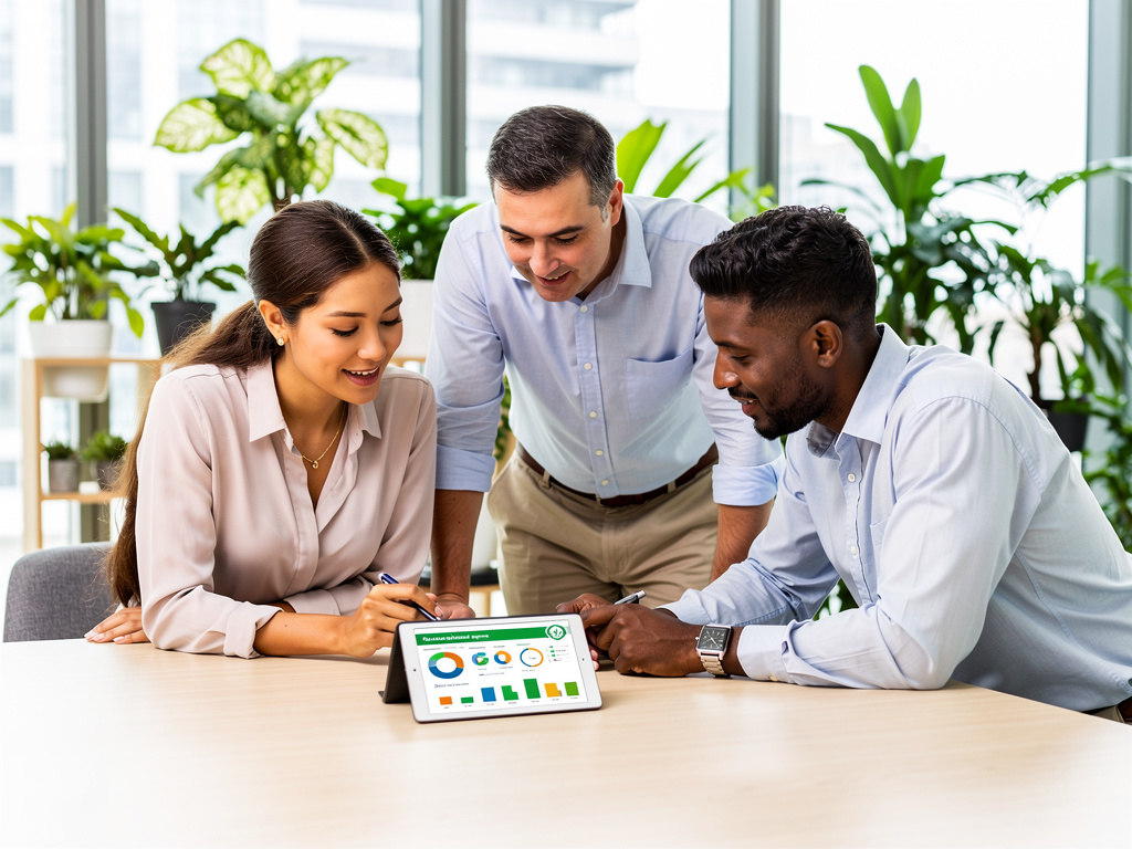 Trzej biznesmeni analizują dane ESG na tablecie w nowoczesnym biurze z roślinami w tle