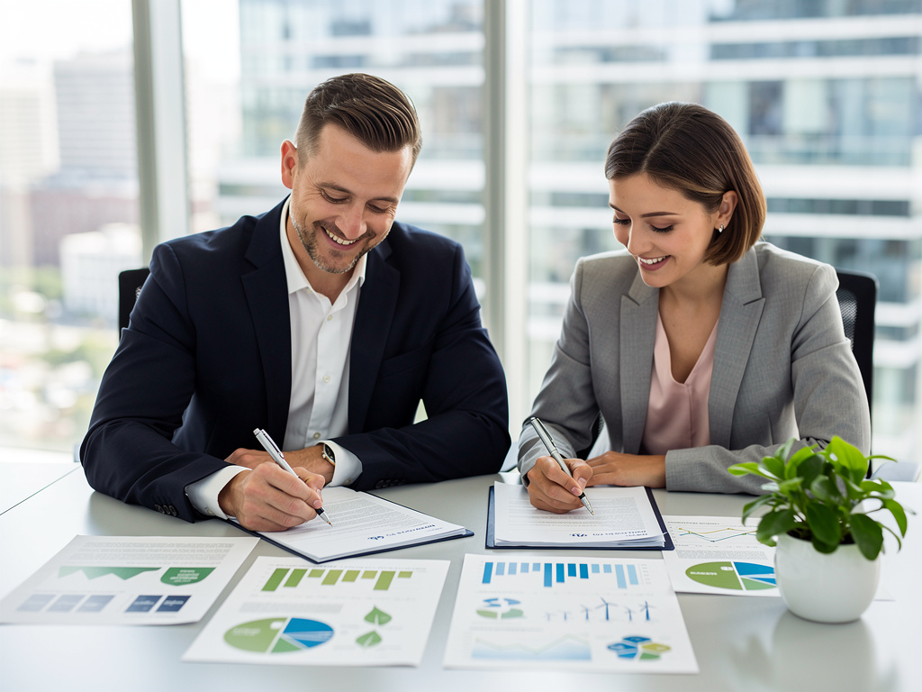 Biznesmeni podpisujący umowę ESG w nowoczesnym biurze z grafikami analitycznymi na stole