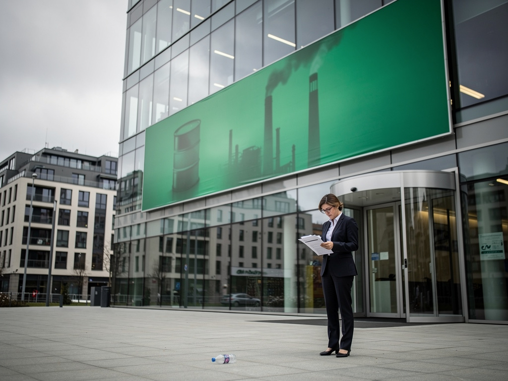 Kobieta w garniturze czytająca dokumenty przed nowoczesnym budynkiem z zieloną reklamą przemysłowej fabryki, symbolizująca problem greenwashingu w Polsce.