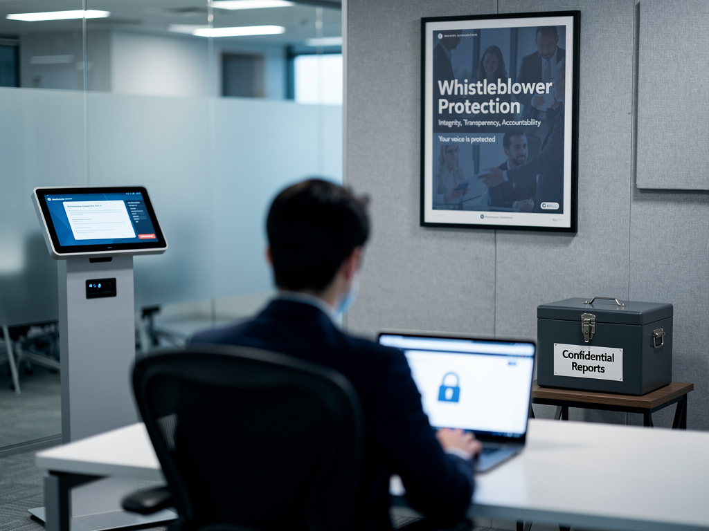 Pracownik w biurze korzystający z systemu zgłoszeniowego dla sygnalistów, obok plakatu 'Whistleblower Protection' i skrzynki na poufne doniesienia.