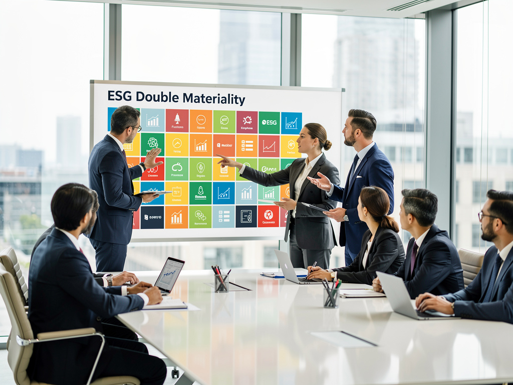 Prezentacja dotycząca podwójnej istotności ESG dla MŚP, przedstawiona na tablicy w nowoczesnej sali konferencyjnej.