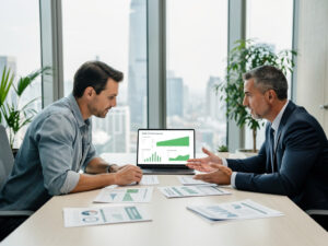 Dwóch mężczyzn w nowoczesnym biurze analizuje dane ESG na laptopie i dokumentach. Ekran pokazuje wykres wzrostu 'ESG Performance', co ilustruje proces finansowania startupu przez fundusz VC.