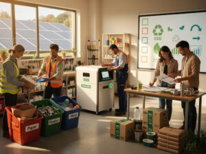 Zespół pracowników w bezpiecznych kamizelkach sortuje odpady w nowoczesnym magazynie z panelem słonecznym na zewnątrz. Na tle ekran pokazuje dane ESG i symbole recyklingu, co ilustruje artykuł o tym, jak odpowiadać na żądania danych środowiskowych kontrahentów.