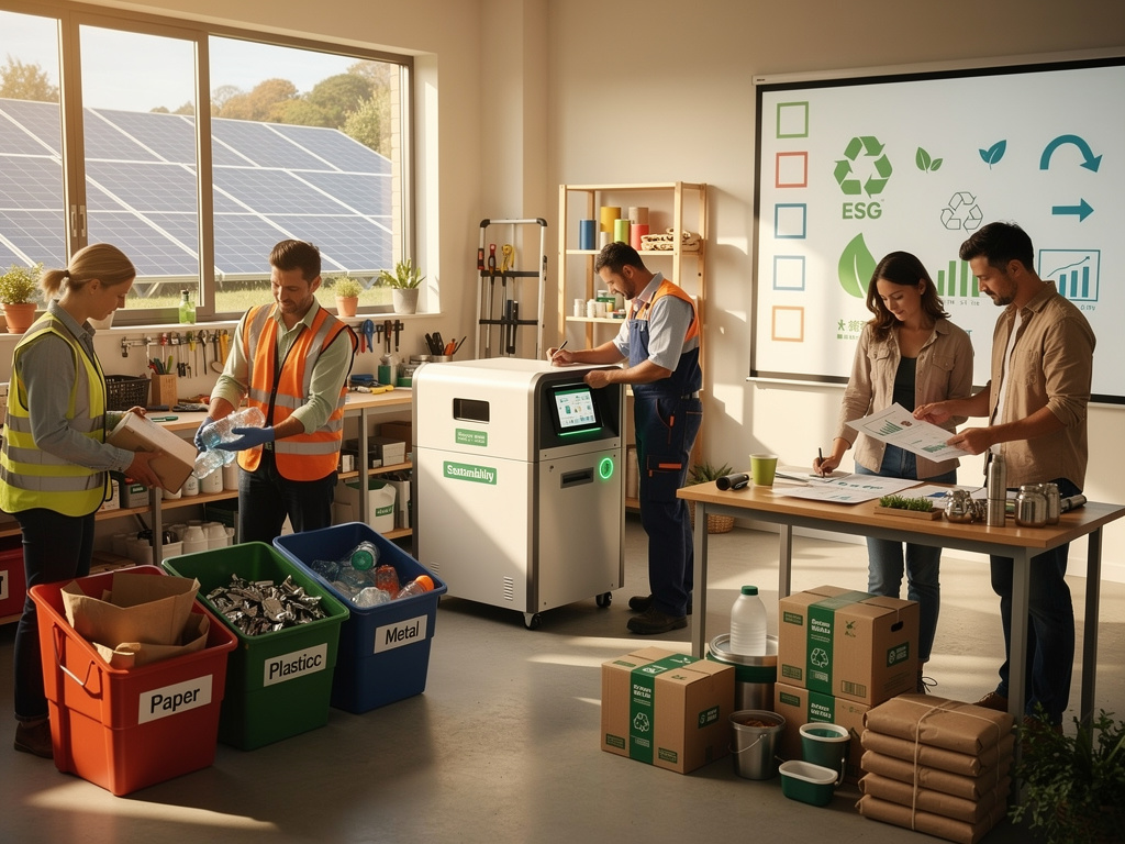 Zespół pracowników w bezpiecznych kamizelkach sortuje odpady w nowoczesnym magazynie z panelem słonecznym na zewnątrz. Na tle ekran pokazuje dane ESG i symbole recyklingu, co ilustruje artykuł o tym, jak odpowiadać na żądania danych środowiskowych kontrahentów.