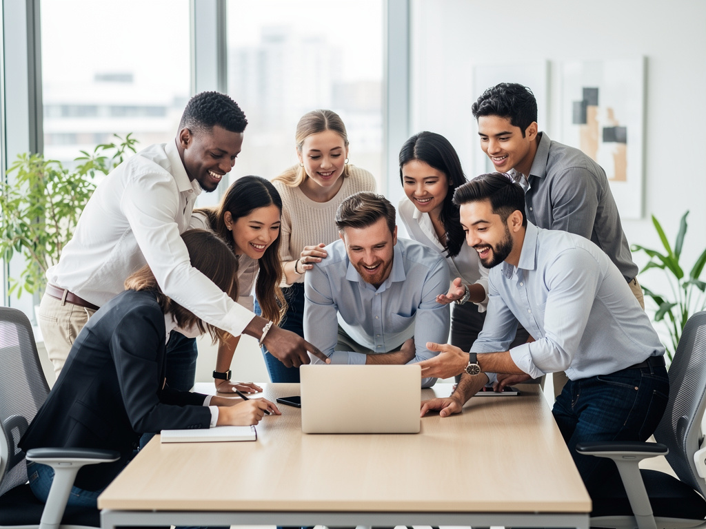 Diverse group of young professionals collaborating around a laptop in a modern office, representing Gen Z in the workplace.