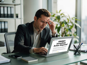 Zmartwiony mężczyzna w garniturze pracujący na laptopie z napisem 'URGENT: Immediate Action Required' na ekranie, symbolizujący pilną potrzebę działania w kontekście ESG.