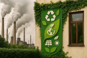 Nowe przepisy ESG przeciwko greenwashingowi – fabryki zanieczyszczające powietrze a ekologiczne obietnice na ścianie budynku