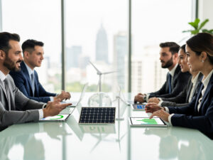 Grupa biznesowa podczas spotkania o ESG, na stole modele paneli słonecznych i turbin wiatrowych, w tle widok miasta.