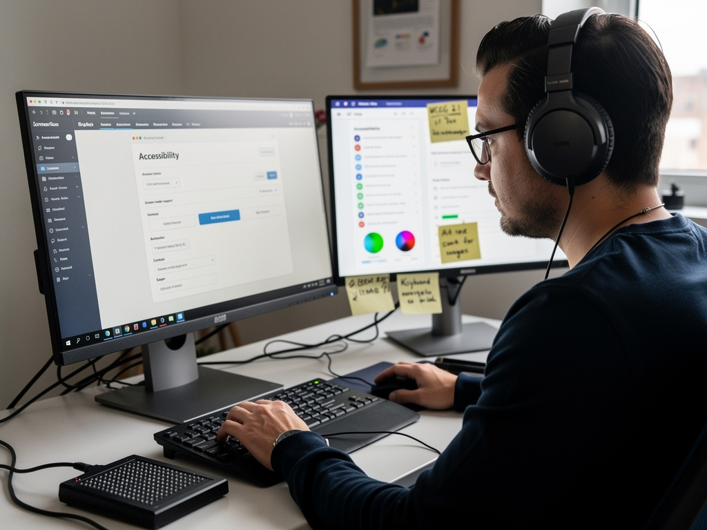 Mężczyzna pracujący przy komputerze z ekranem ustawień dostępności, ilustrujący temat Europejskiego Aktu o Dostępności.