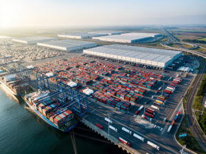 Port kontenerowy z statkiem i magazynami, ilustrujący zakres 3 emisji łańcucha dostaw w kontekście Green Impact ESG.