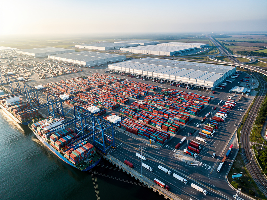 Port kontenerowy z statkiem i magazynami, ilustrujący zakres 3 emisji łańcucha dostaw w kontekście Green Impact ESG.