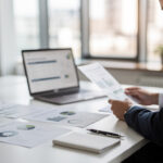 Bizneswoman analizująca raporty ESG i dane o zrównoważonym rozwoju na biurku z laptopem. Zdjęcie ilustruje proces wdrażania standardów EcoVadis dla MŚP.