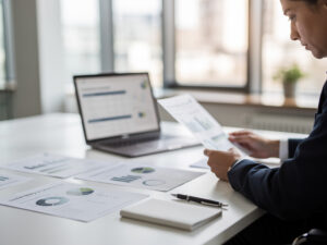 Bizneswoman analizująca raporty ESG i dane o zrównoważonym rozwoju na biurku z laptopem. Zdjęcie ilustruje proces wdrażania standardów EcoVadis dla MŚP.