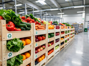 Węzeł logistyczny z drewnianymi paletami wypełnionymi świeżymi warzywami i owocami, z widocznymi etykietami recyklingu, symbolizujący ESG i marnowanie żywności.